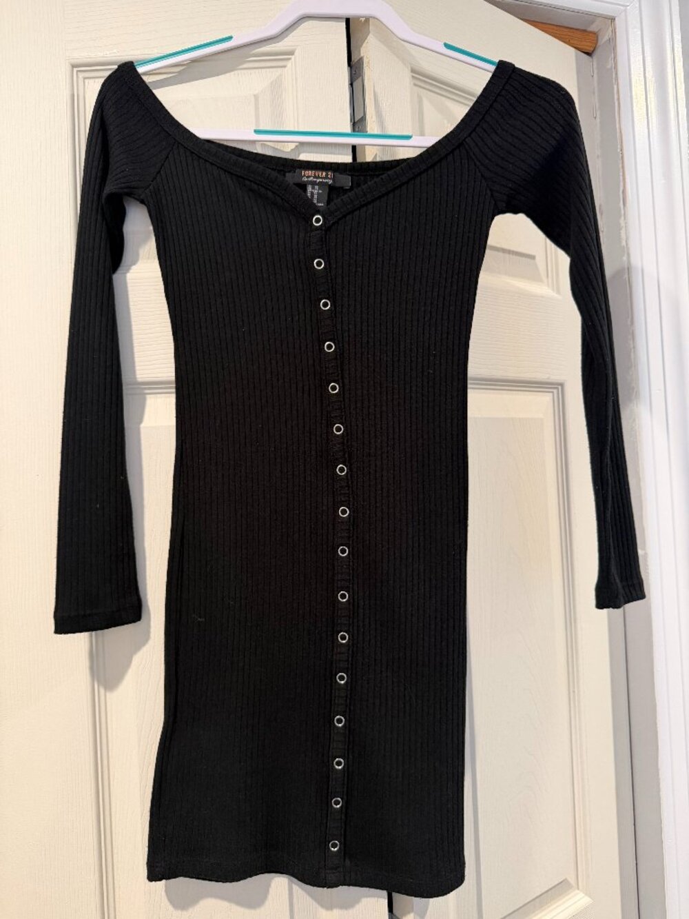 Forever 21 Contemporary Black Ribbed Snap-Front Mini Dress XS